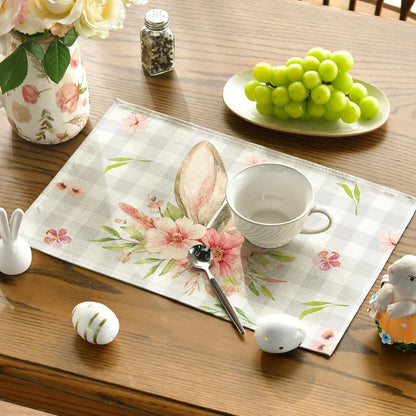 Buffalo Plaid Bunny Rabbit Ears Flower Easter Placemats for Dining Table, 12 X 18 Inch Spring Summer Seasonal Holiday Rustic Vintage Washable Table Mats Set of 4