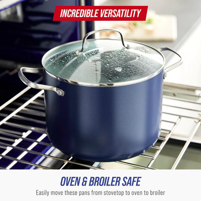 8QT Nonstick Stockpot with Glass Lid, Pfas-Free Ceramic, Multipurpose Cooking, Sauces & Soups, Pasta, Boiling & Canning Pot, Dishwasher & Oven Safe, Stainless Steel Handles, Navy