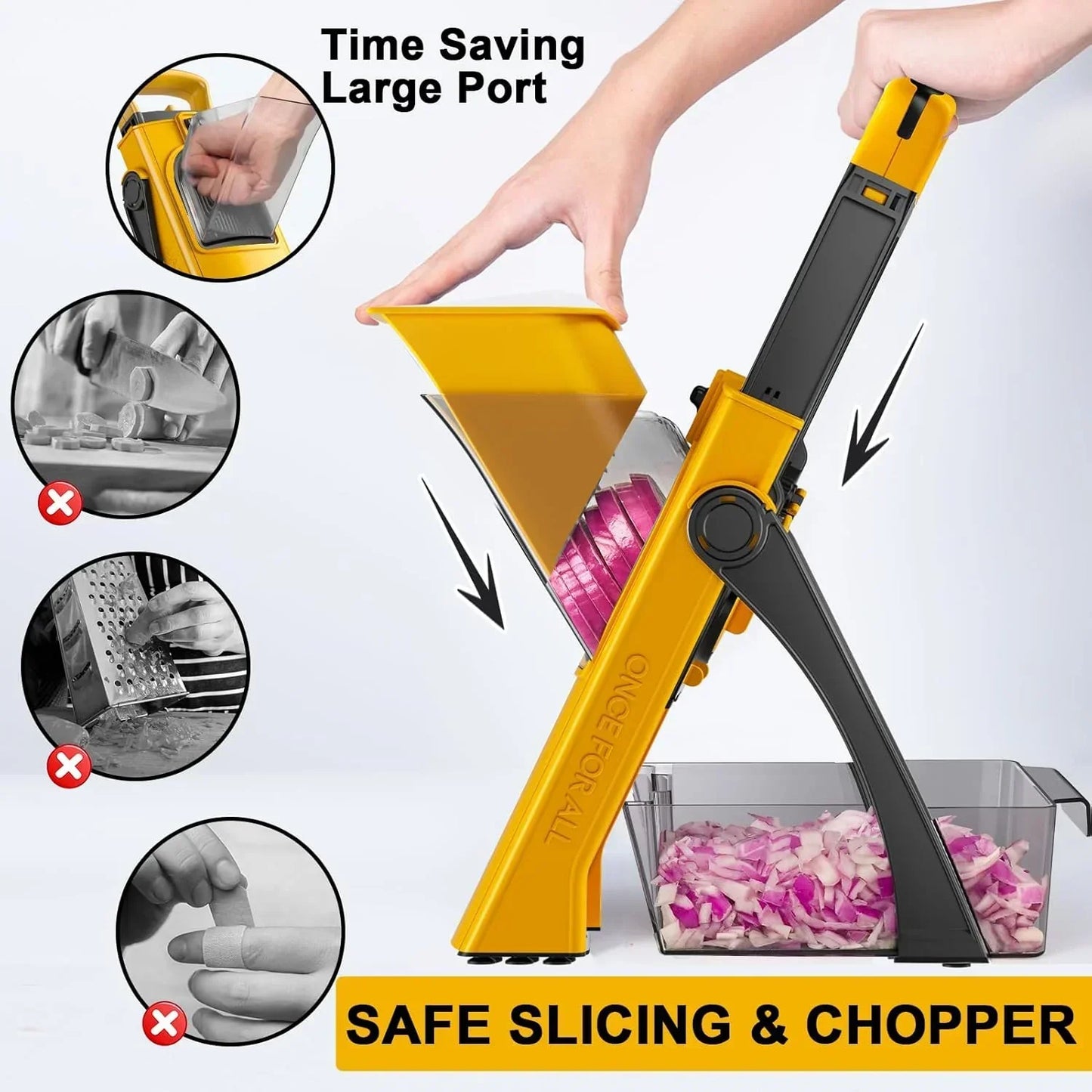 Yellow safe slicing chopper with large port, slicing onions into container, kitchen tool for fast prep
