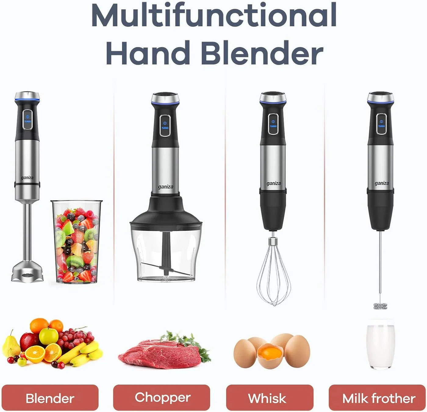 Immersion Blender 5 in 1 Hand Blender Max 1000W Heavy Duty Motor, 16 Speed Mode Handheld Blender Stainless Steel Blade with 800Ml Mixing Beaker, 600Ml Chopper, Whisk and Milk Frother