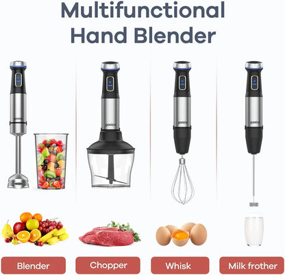 Immersion Blender 5 in 1 Hand Blender Max 1000W Heavy Duty Motor, 16 Speed Mode Handheld Blender Stainless Steel Blade with 800Ml Mixing Beaker, 600Ml Chopper, Whisk and Milk Frother