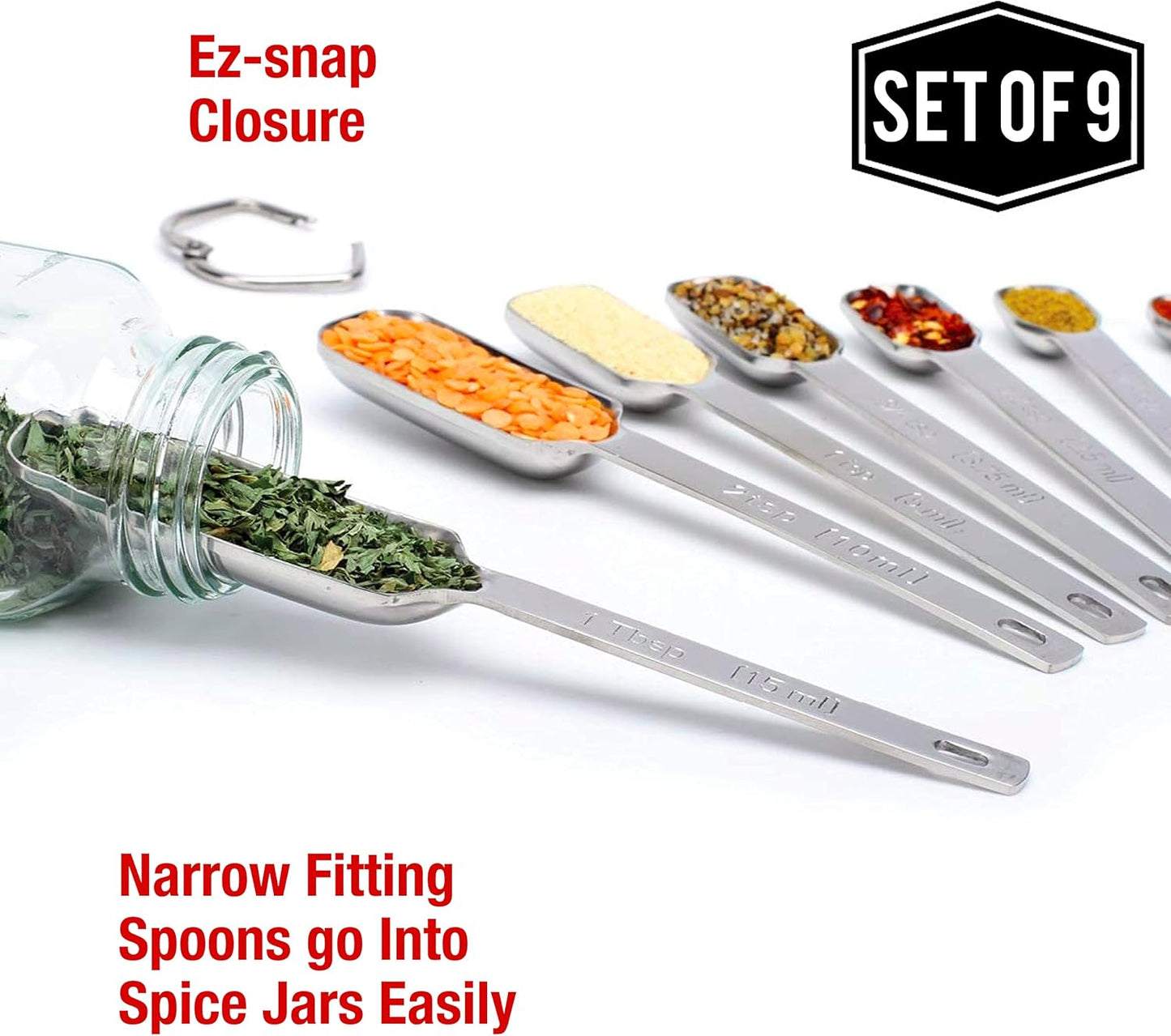 9Pc Stainless Steel Measuring Spoon Set with Leveler - Durable and Rust-Proof - Chrome-Plated, Narrow Rectangular Spoons with Long Handles - Accurate Measurements