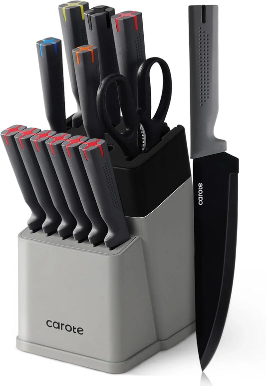 14Pcs Kitchen Knife Set, Stainless Steel Knife Set with ABS Block, Rustproof Cutlery with Ceramic Surface, 6 Steak Knives