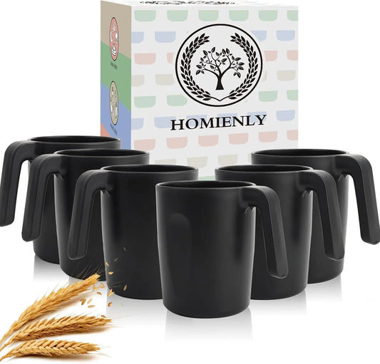 Unbreakable Coffee Mug Set - 6 Wheat Straw Reusable Cups | Dishwasher Safe Drinking Glasses | Alternative to Plastic Mugs & Glass Cups 16 Oz for Camping, Kitchen (Black)