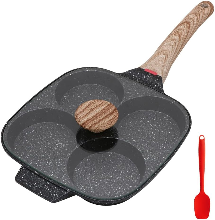 4-Cup Egg Pan Nonstick, Egg Frying Pan with Lid Pancake Pan, Omelet Pan Induction Compatible for Breakfast- Black
