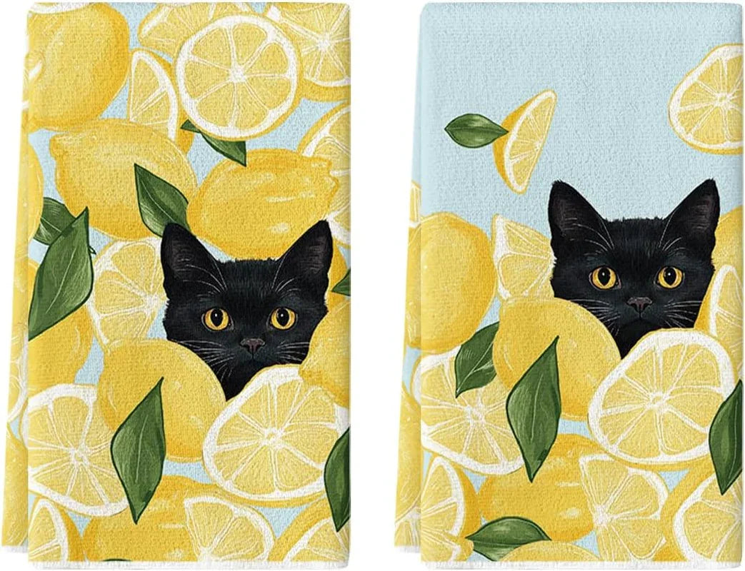 Yellow Lemon Black Cat Summer Kitchen Towels Dish Towels, 18X26 Inch Leaves Farmhouse Summer Seasonal Decoration Hand Towels Set of 2