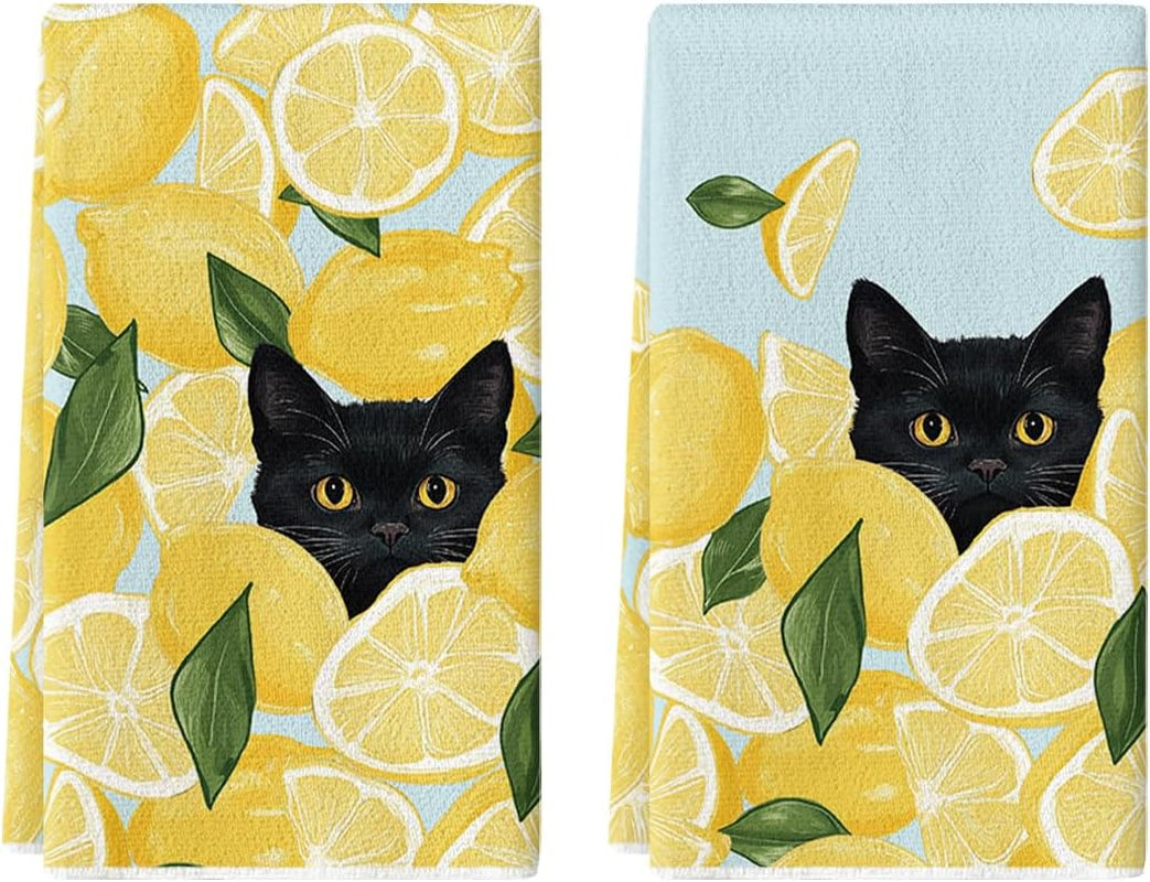 Yellow Lemon Black Cat Summer Kitchen Towels Dish Towels, 18X26 Inch Leaves Farmhouse Summer Seasonal Decoration Hand Towels Set of 2