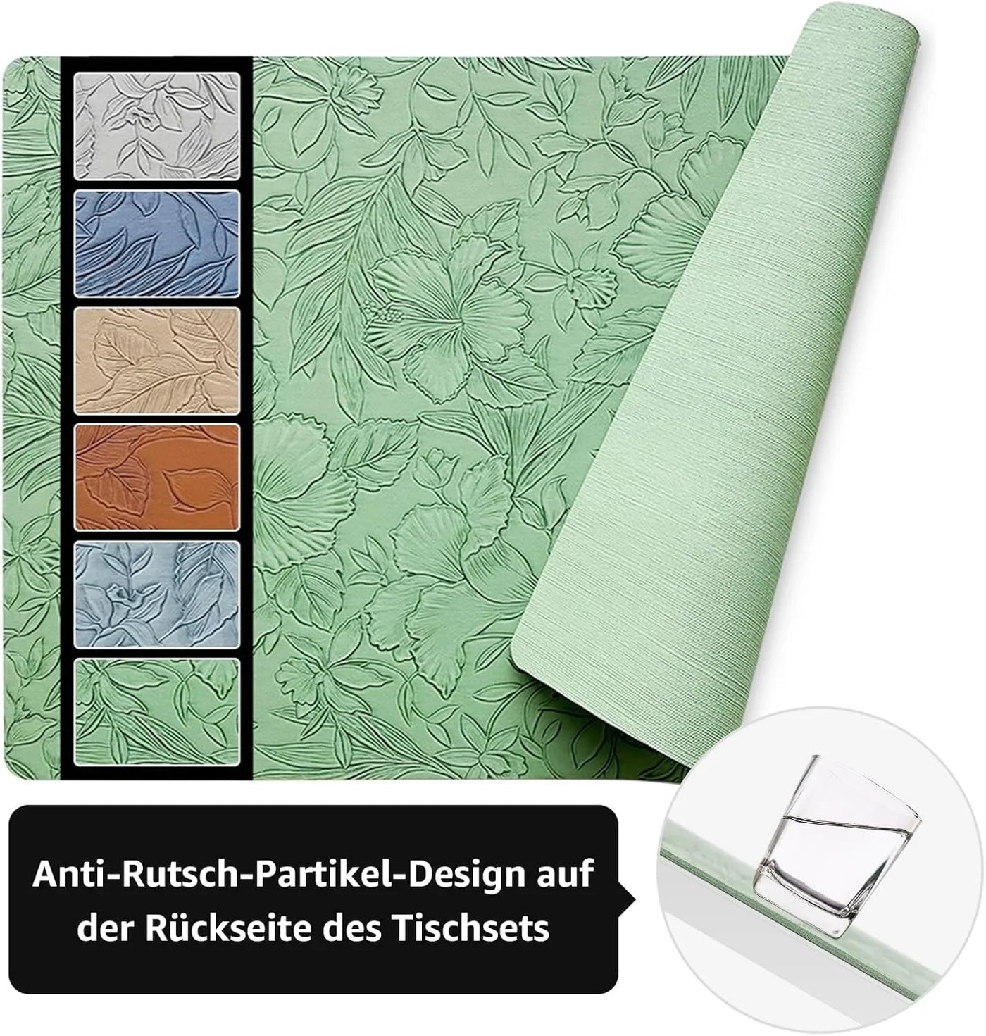 Placemats Set of 4 with 4 Coasters,Carving Floral Design,Non-Slip, Heat Resistant,Washable for Kitchen and Dining Table,Artificial Leather Place Mats (Green)