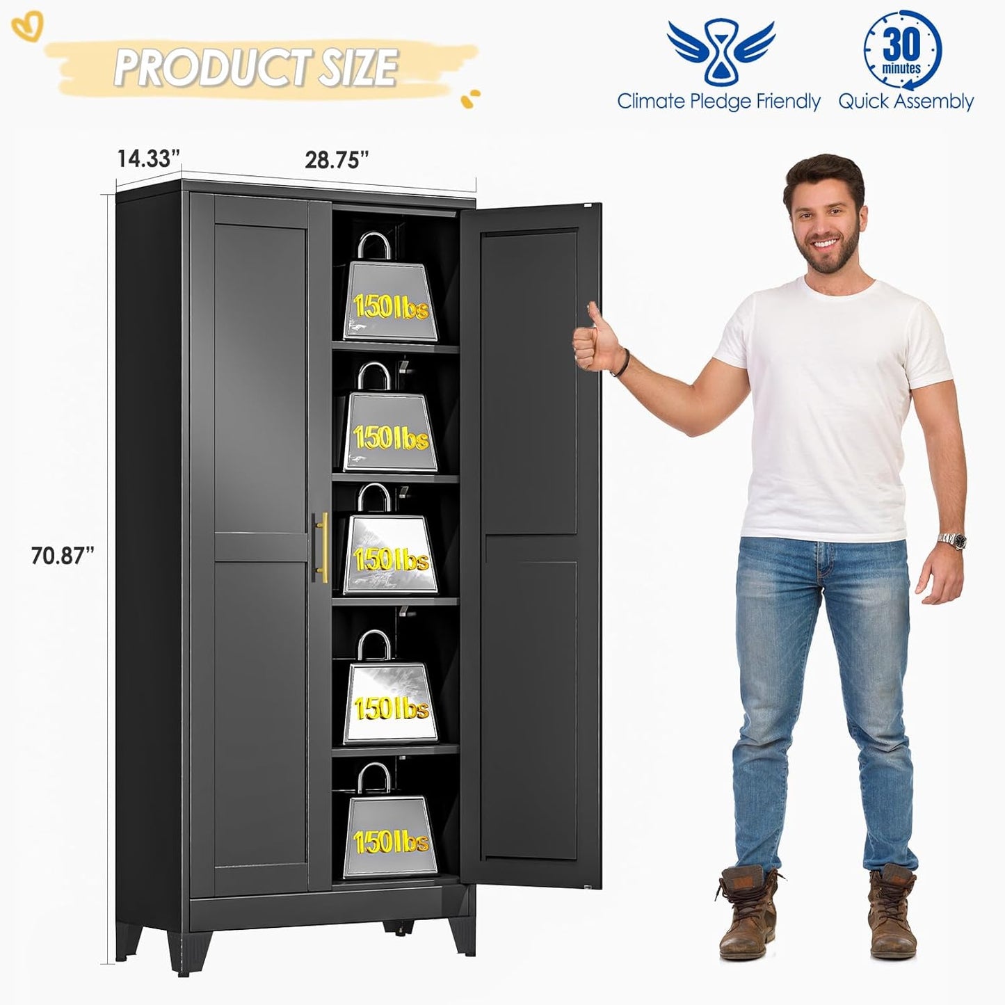 71" Tall Metal Storage Cabinet with 2 Doors and 4 Adjustable Shelves, Kitchen Pantry Cabinet Black Freestanding Cupboard, 5 Tier Multifunctional Steel Storage for Office, Kitchen, Dining Room