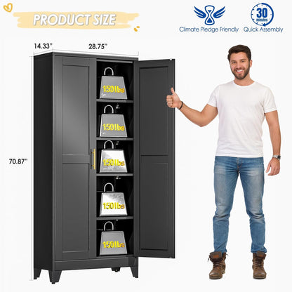 71" Tall Metal Storage Cabinet with 2 Doors and 4 Adjustable Shelves, Kitchen Pantry Cabinet Black Freestanding Cupboard, 5 Tier Multifunctional Steel Storage for Office, Kitchen, Dining Room
