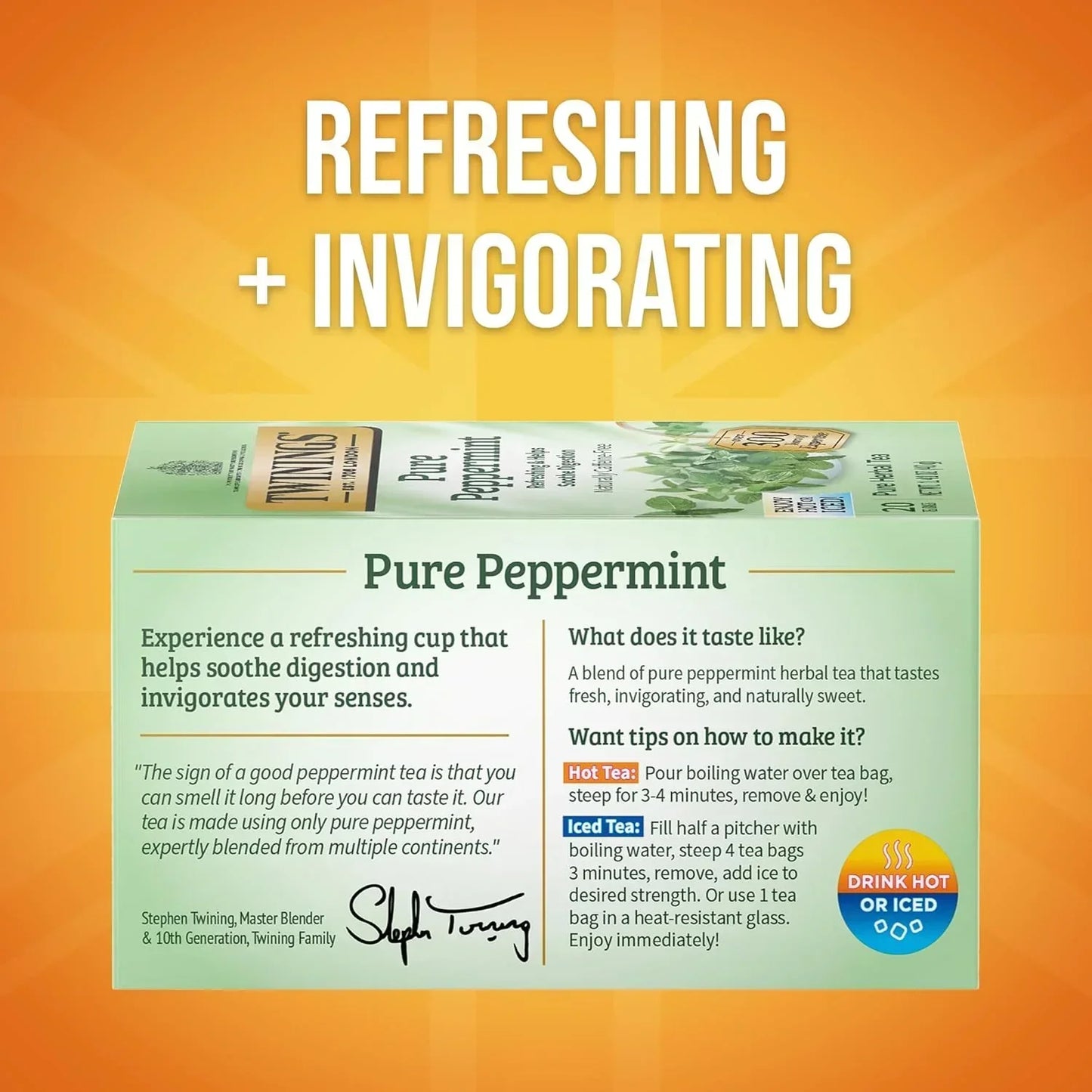 Twinings Pure Peppermint herbal tea box, refreshing & invigorating, drink hot or iced, soothing digestion