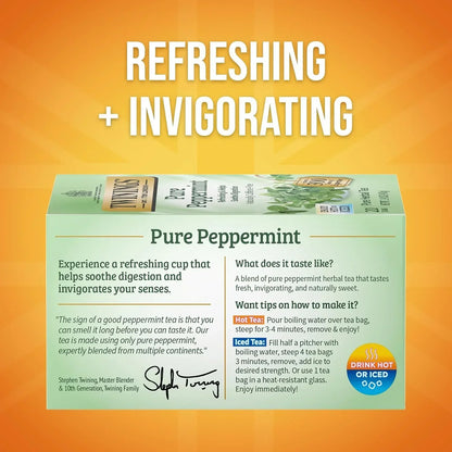 Twinings Pure Peppermint herbal tea box, refreshing & invigorating, drink hot or iced, soothing digestion