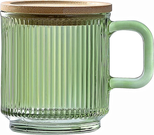 Glass Coffee Mug with Lid - Premium Classical Vertical Stripes Glass Tea Cup - for Latte, Tea, Chocolate, Juice, Water - Lead-Free - Bamboo Lid - Lime Green