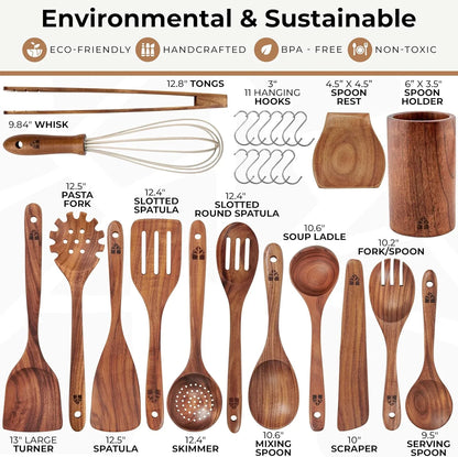 Wooden Spoons for Cooking 13 Pcs – Sturdy & Easy to Clean, Natural Teak Wooden Utensil Set – Non-Scratch Wood Kitchen Utensils Set with Spatula, Ladle, Spoons, Tongs, Whisk, Holder, Spoon Rest & Hooks