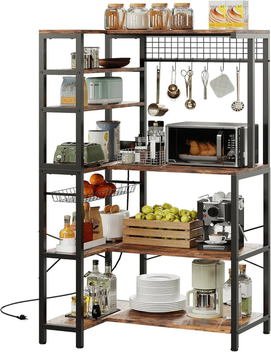 Bakers Rack with Power Outlet, 5-Tier Corner Microwave Stand with Storage, Coffee Bar with 6 S-Shaped Hooks, Kitchen Shelves with Wire Basket