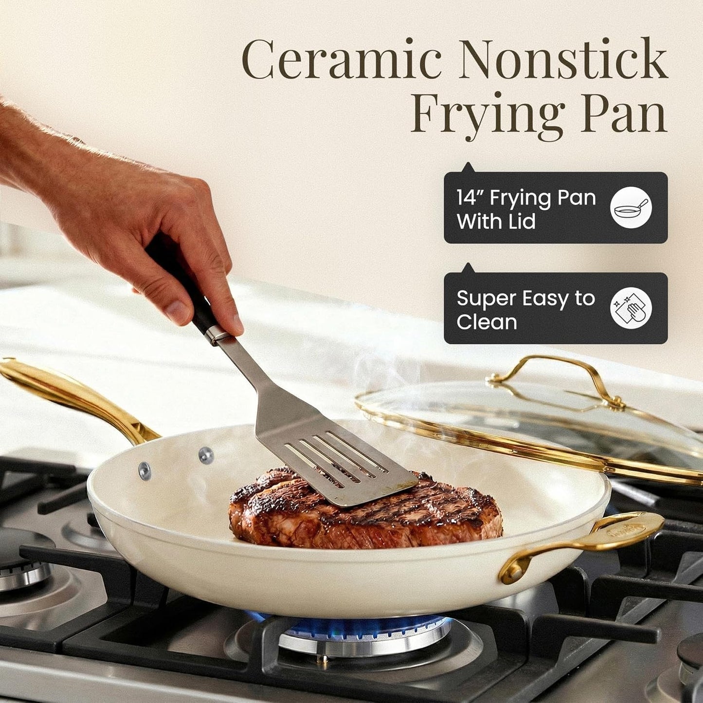 14 Inch Nonstick Frying Pan with Lid, Large Ceramic Skillet for Family, Non Toxic PFOA PFOS PFAS Free, Oven & Dishwasher Safe 500°F, Even Heat Distribution, Cream