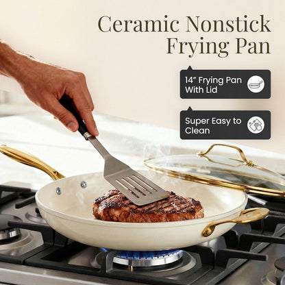 14 Inch Nonstick Frying Pan with Lid, Large Ceramic Skillet for Family, Non Toxic PFOA PFOS PFAS Free, Oven & Dishwasher Safe 500°F, Even Heat Distribution, Cream