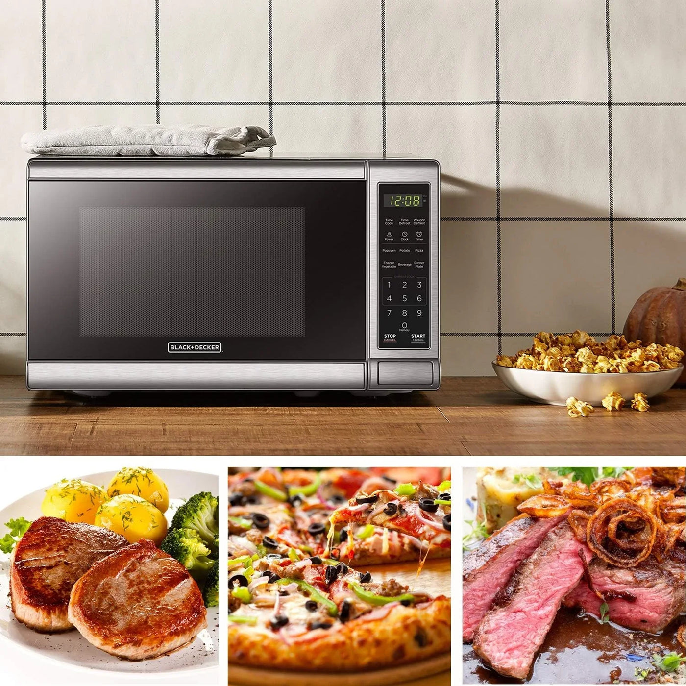 EM720CB7 Digital Microwave Oven with Turntable Push-Button Door, Child Safety Lock, 700W, Stainless Steel, 0.7 Cu.Ft
