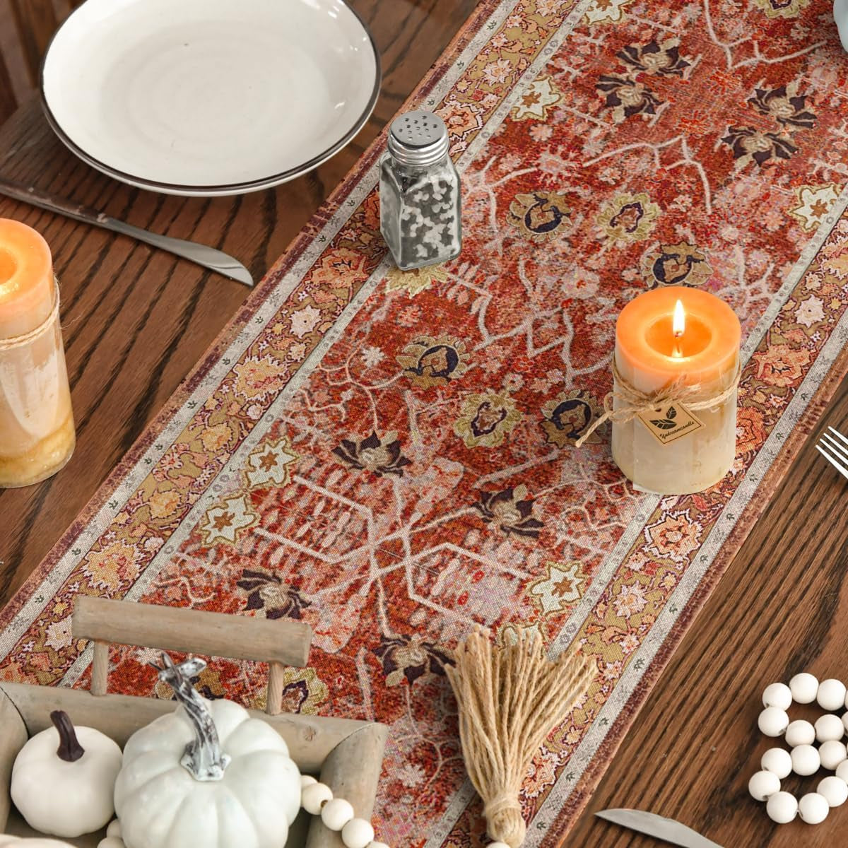 Boho Bohemia Style Red Orange Fall Table Runner, Country Rustic Farmhouse Magical Kitchen Dining Table Decoration for Home Party Decor 13X72 Inch