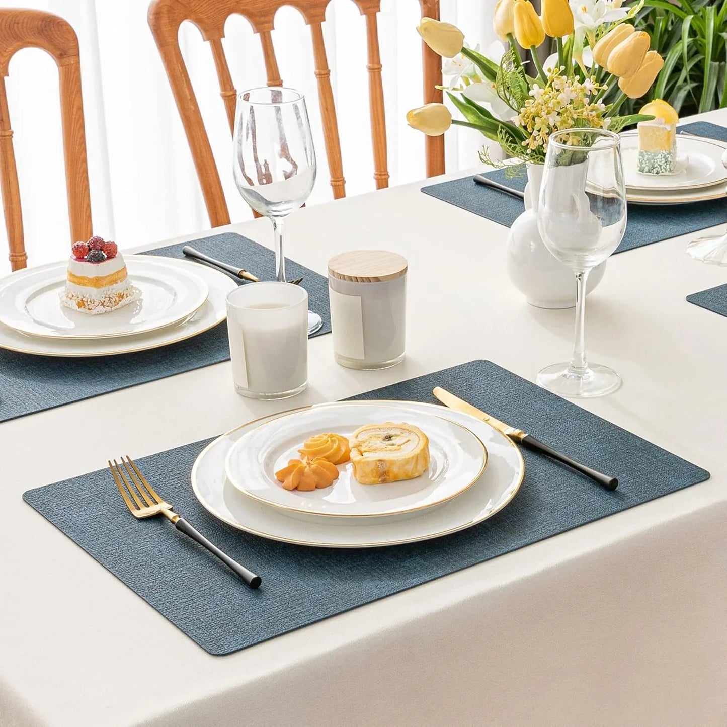 Vinyl Placemats Set of 4-12 X 17 Inch - Faux Leather 100% Waterproof Oil-Proof Wipeable Place Mats, Heat Resistant Reversible PU Table Mats for Kitchen Dining Party Outdoor, Navy Blue