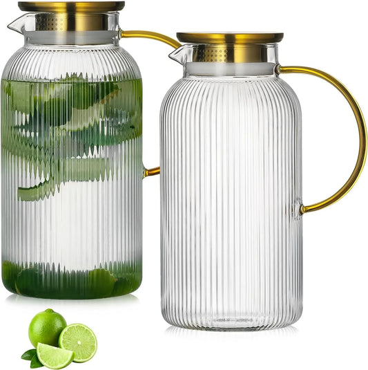 2 PACK Glass Pitcher with Lid, 68 Oz/ 2 Liter Classic Vertical Stripes Water Pitcher with Handle,Glass Water Carafe for Cold Brew, Coffee, Lemonade, Iced Sun Tea,Beverage,Heat Resistant