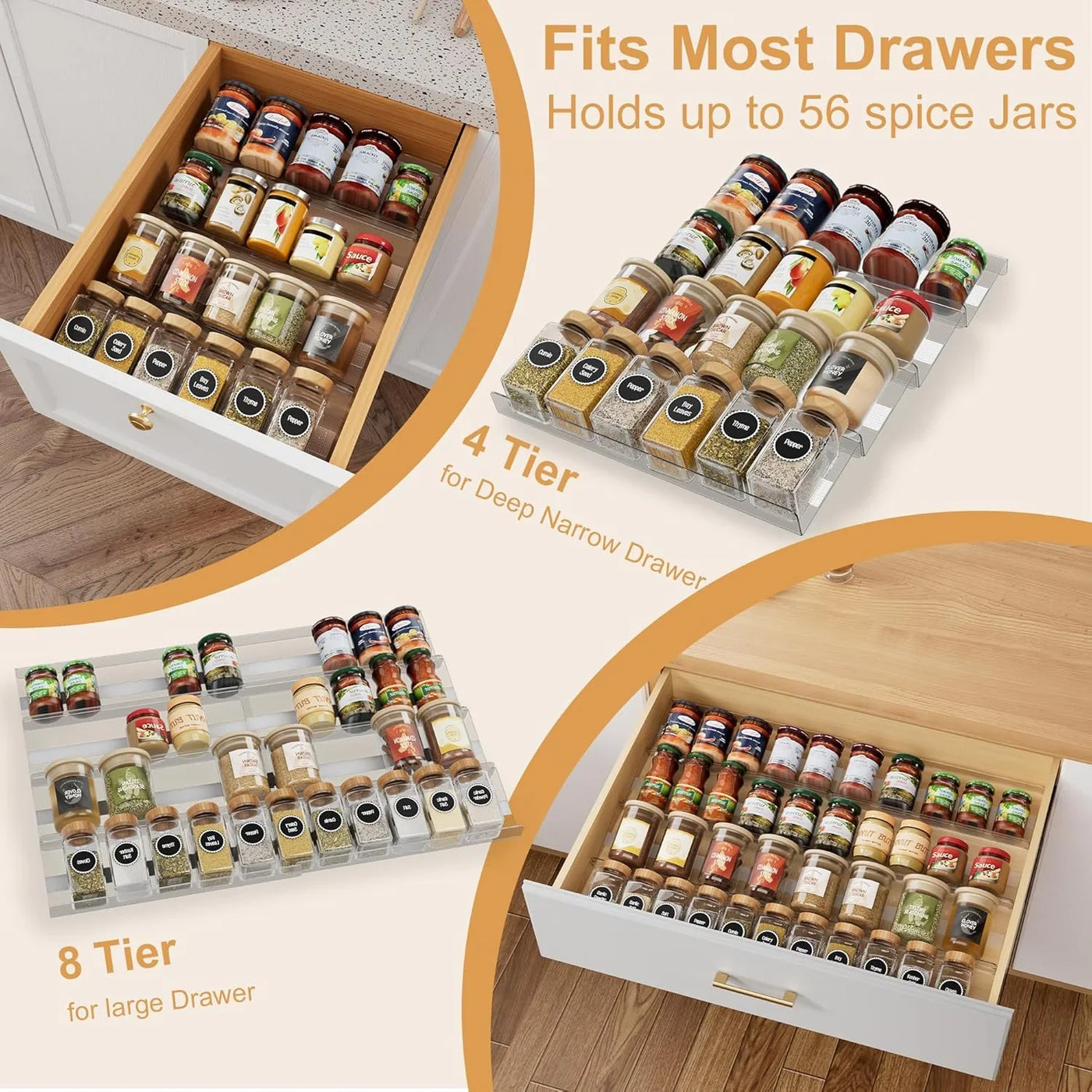 8-Pack Spice Drawer Organizer, Expandable Acrylic Seasoning Rack (13" to 26") with Anti-Slip Mat, Kitchen Spice Rack Drawer Holds up to 56 Jars (Jars Not Included)