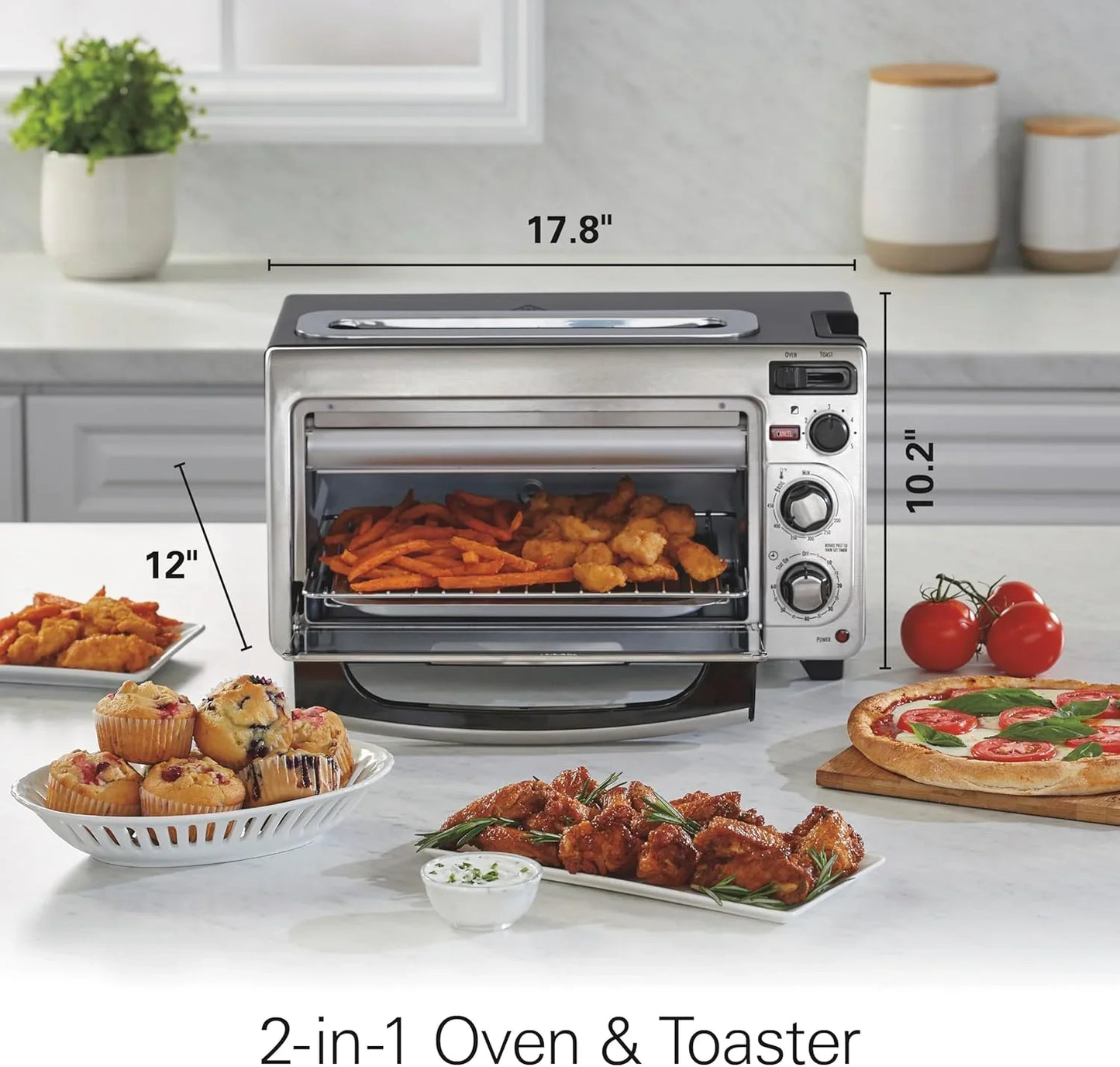 2-In-1 Countertop Toaster Oven and Long Slot 2 Slice Toaster, 60 Minute Timer and Automatic Shut Off, Shade Selector, Stainless Steel (31156)