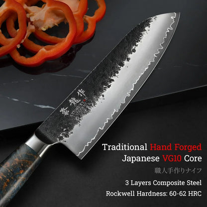 Japanese Chef Knife, 7 Inch Hand Forged Santoku Knife with VG10 Steel, Chefs Knives for Professional & Home Kitchen, Sharp Kitchen Knives with Red Ergonomic Handle, Cooking Gifts for Men and Women