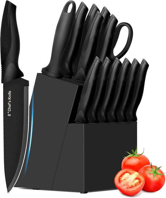 Knife Set, 14 Pieces Kitchen Knife Set, High Carbon German Stainless Steel, Dishwasher Safe Cutlery with Sharpener, Black