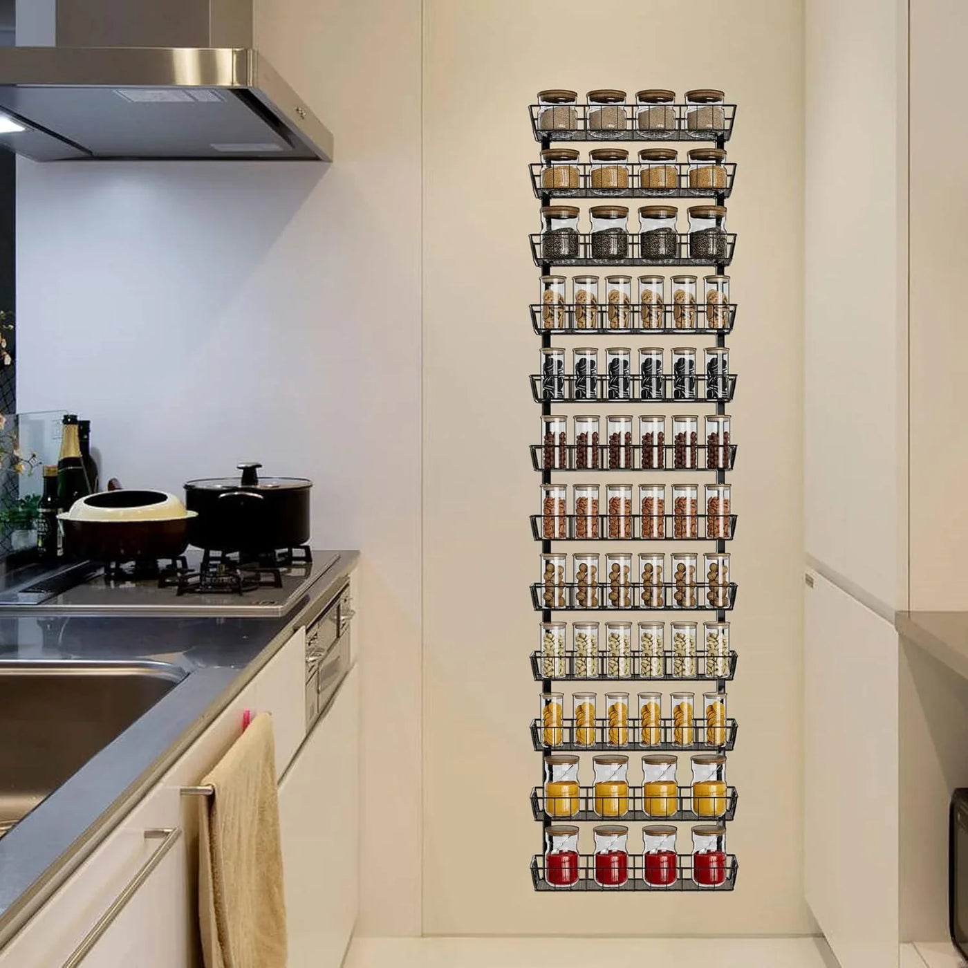 Adjustable Wall Mount Spice Rack Organizer, 12-Tier Dual-Use (Multi-Use) Hanging Spice Shelf Storage for Kitchen Pantry Cabinet Door, Seasoning Holder Organizer, Black