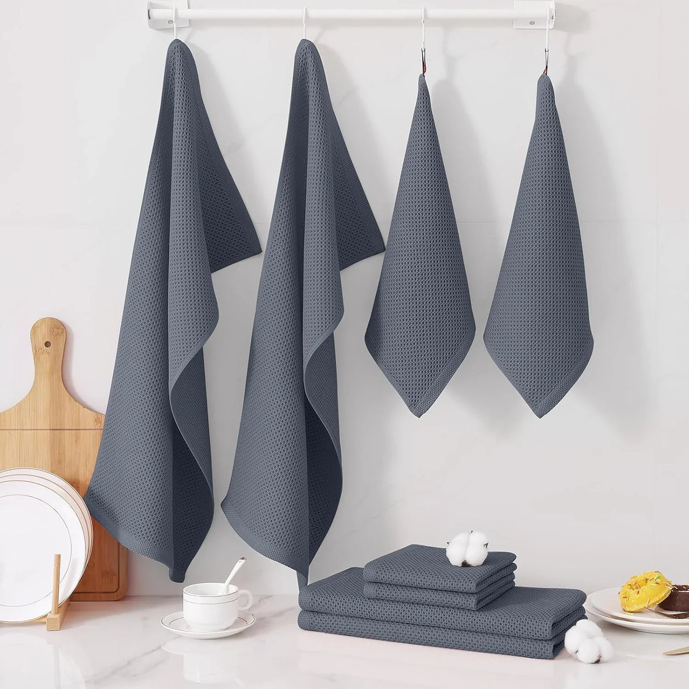 100% Cotton Kitchen Towels and Dishcloths Set, 12 X 12 Inches and 13 X 28 Inches, Set of 8 Bulk Kitchen Towels Set, Ultra Soft Absorbent Dish Cloths for Washing Dishes, Dark Grey
