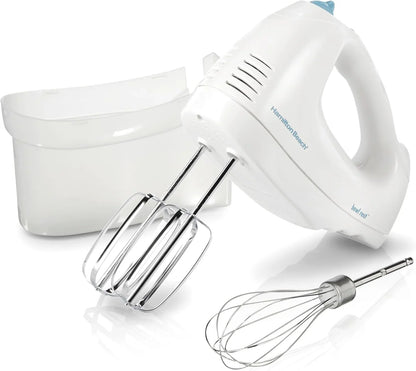 6-Speed Electric Hand Mixer with Whisk, Traditional Beaters, Snap-On Storage Case, 250 Watts, White