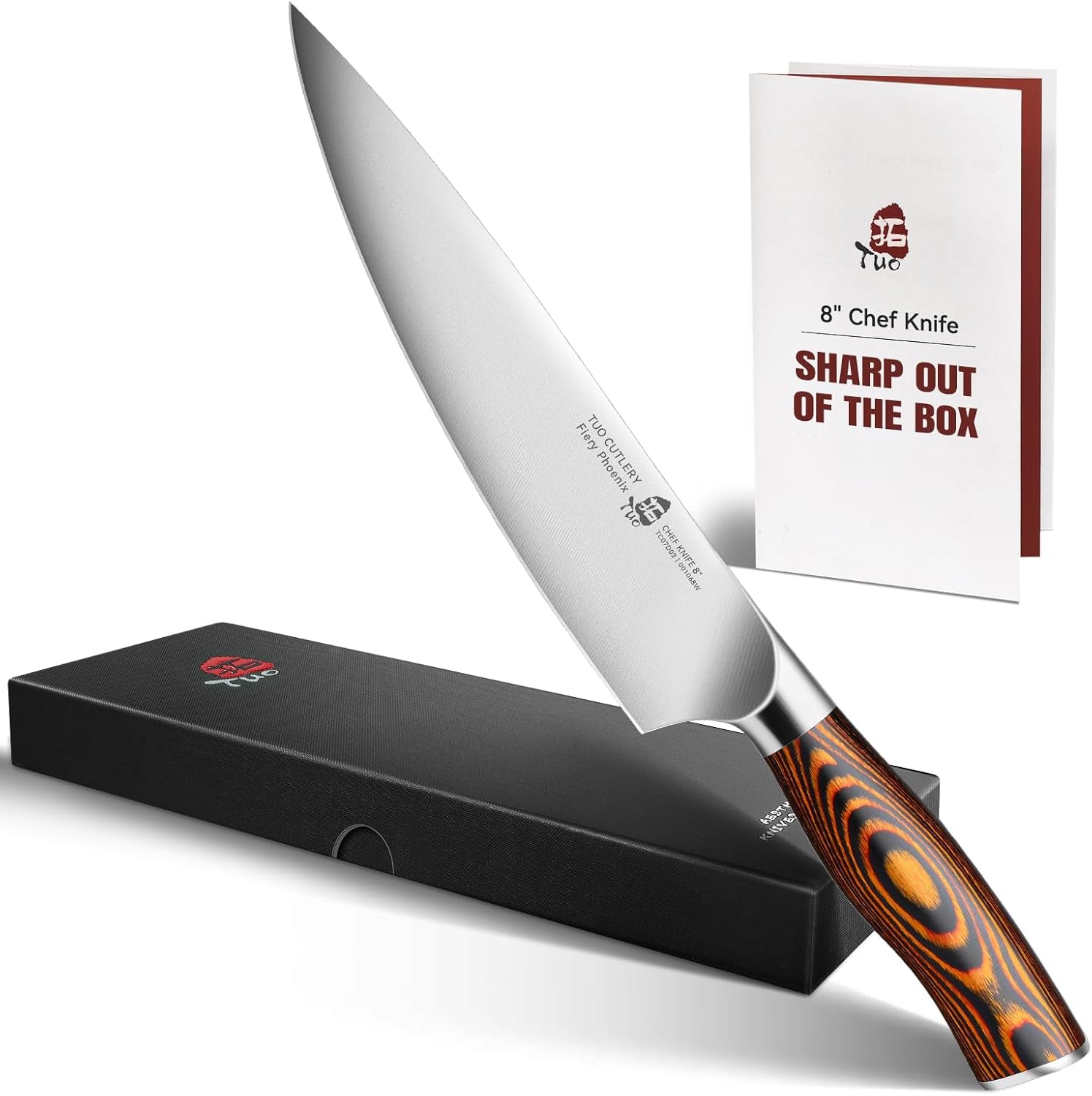 Chef Knife, 8 Inch Sharp Kitchen Knife with Pakkawood Handle, High Carbon Steel, Professional for Chopping & Dicing, Gift Box - Fiery Phoenix Series