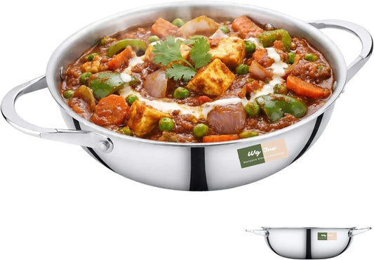 Stainless Steel Wok, Tri-Ply Pan for Stir-Frying, 10.25 Inch Kadhai without Lid, Triply Cookware for Stews, Sauces, Soups, Saute, Induction Friendly Wok, Oven Safe (3.2 Qt / 3 Litres)