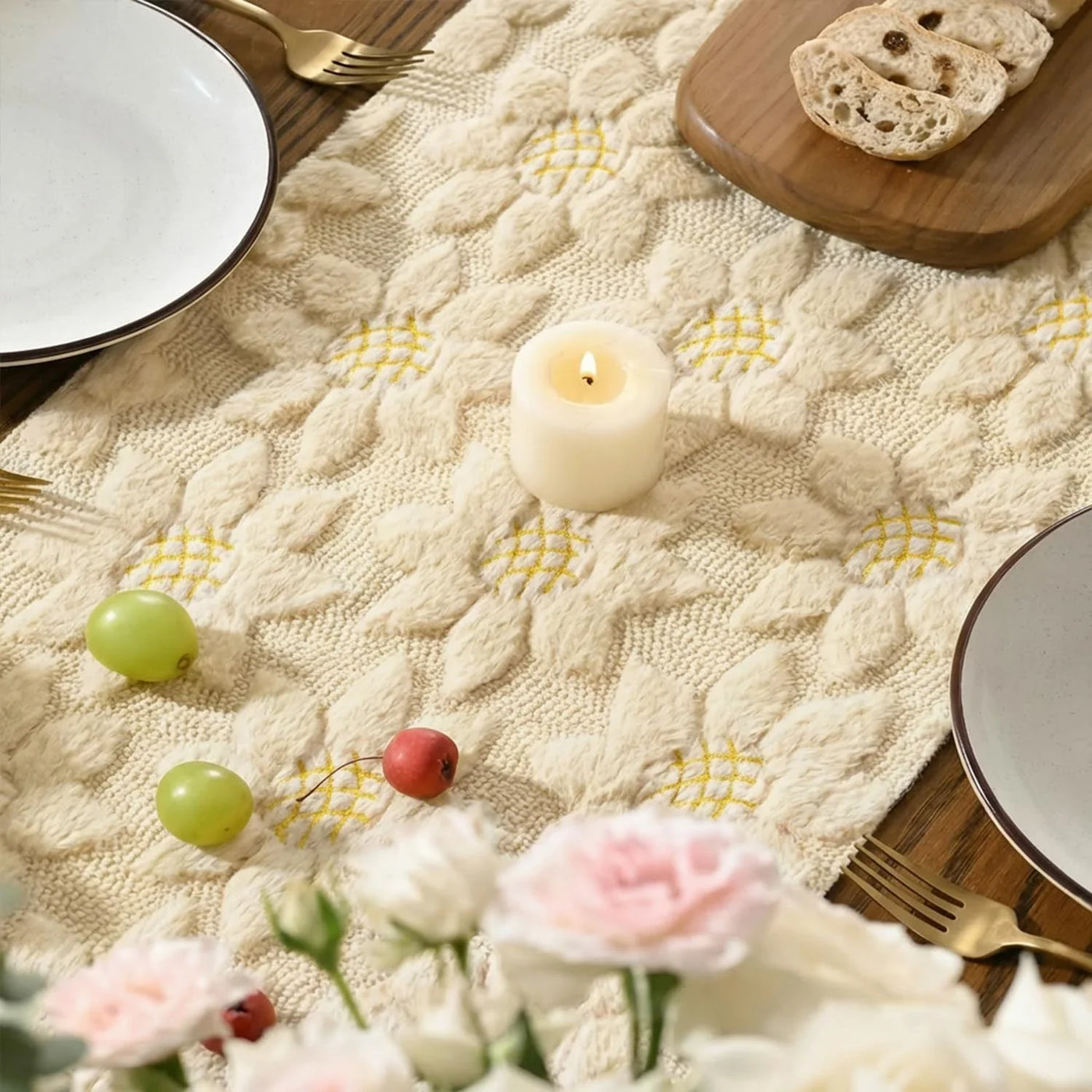 Beige Soft Plush Faux Fur Jacquard Embroidery Sunflower Spring Table Runner, Kitchen Dining Table Decoration for Home Party Decor 13X72 Inch
