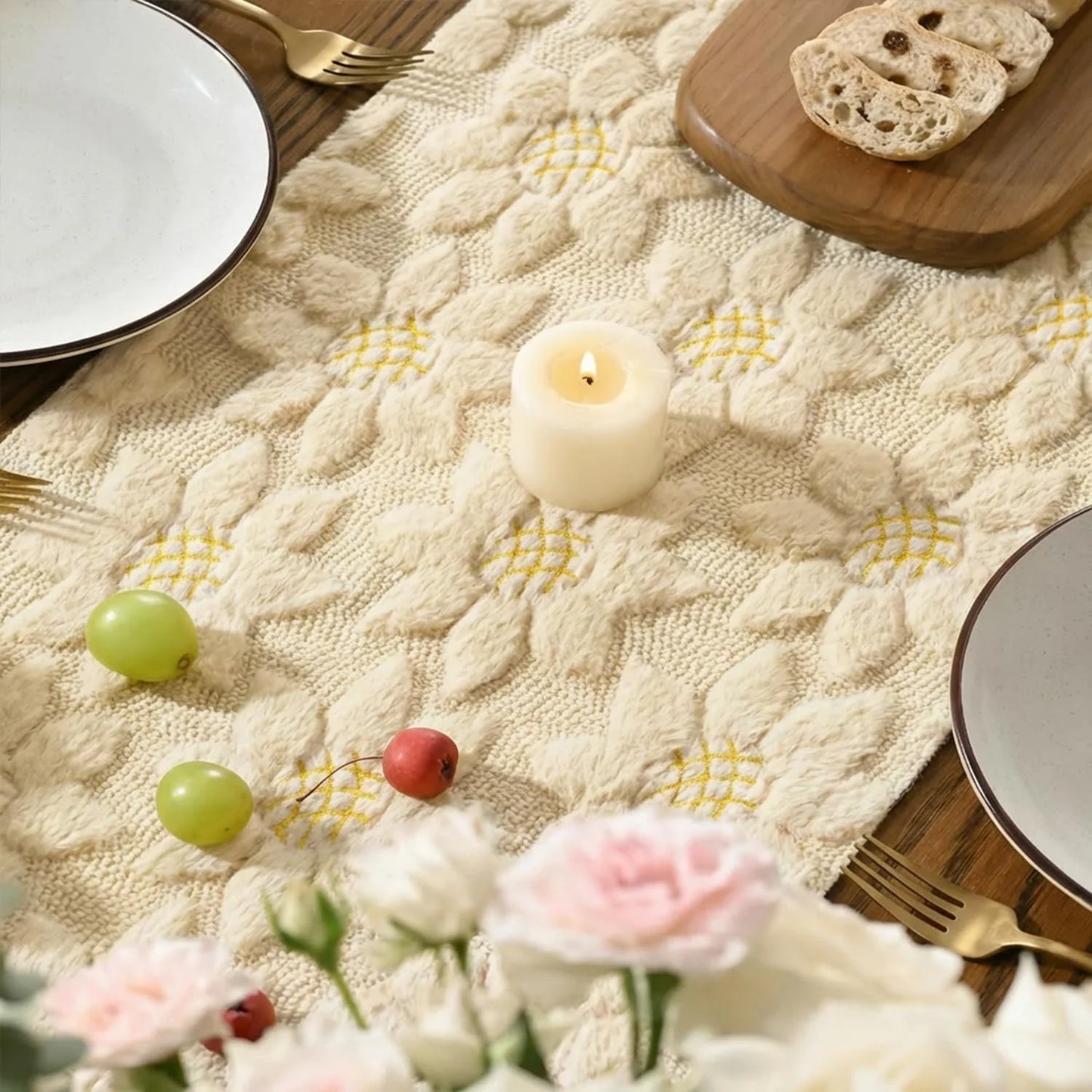 Beige Soft Plush Faux Fur Jacquard Embroidery Sunflower Spring Table Runner, Kitchen Dining Table Decoration for Home Party Decor 13X72 Inch