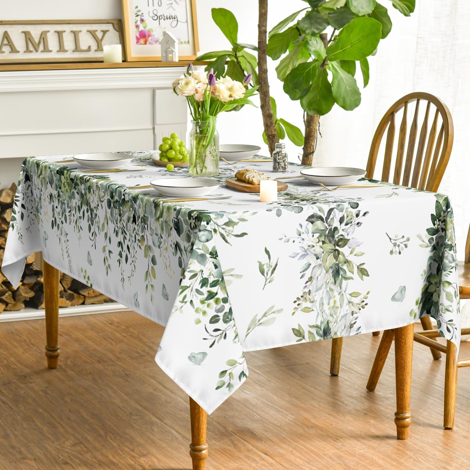 Spring Tablecloth 60×84 Inch Rectangular, Green Eucalyptus Washable Seasonal Table Cover for Party Picnic Dinner Decor