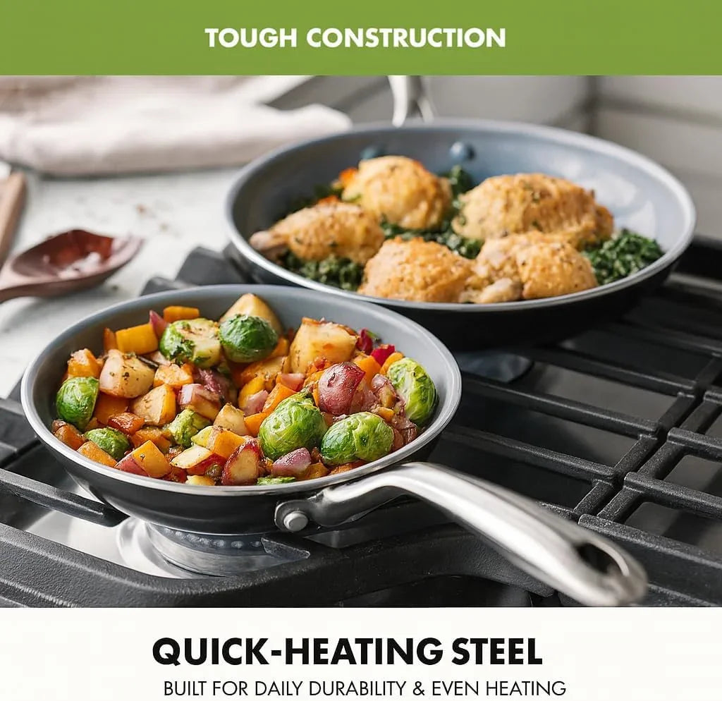 Swift Healthy Ceramic Nonstick, 8" and 10" Frying Pan Skillet Set, Stainless Steel Handles, Pfas-Free, Dishwasher Safe, Oven Safe, Black