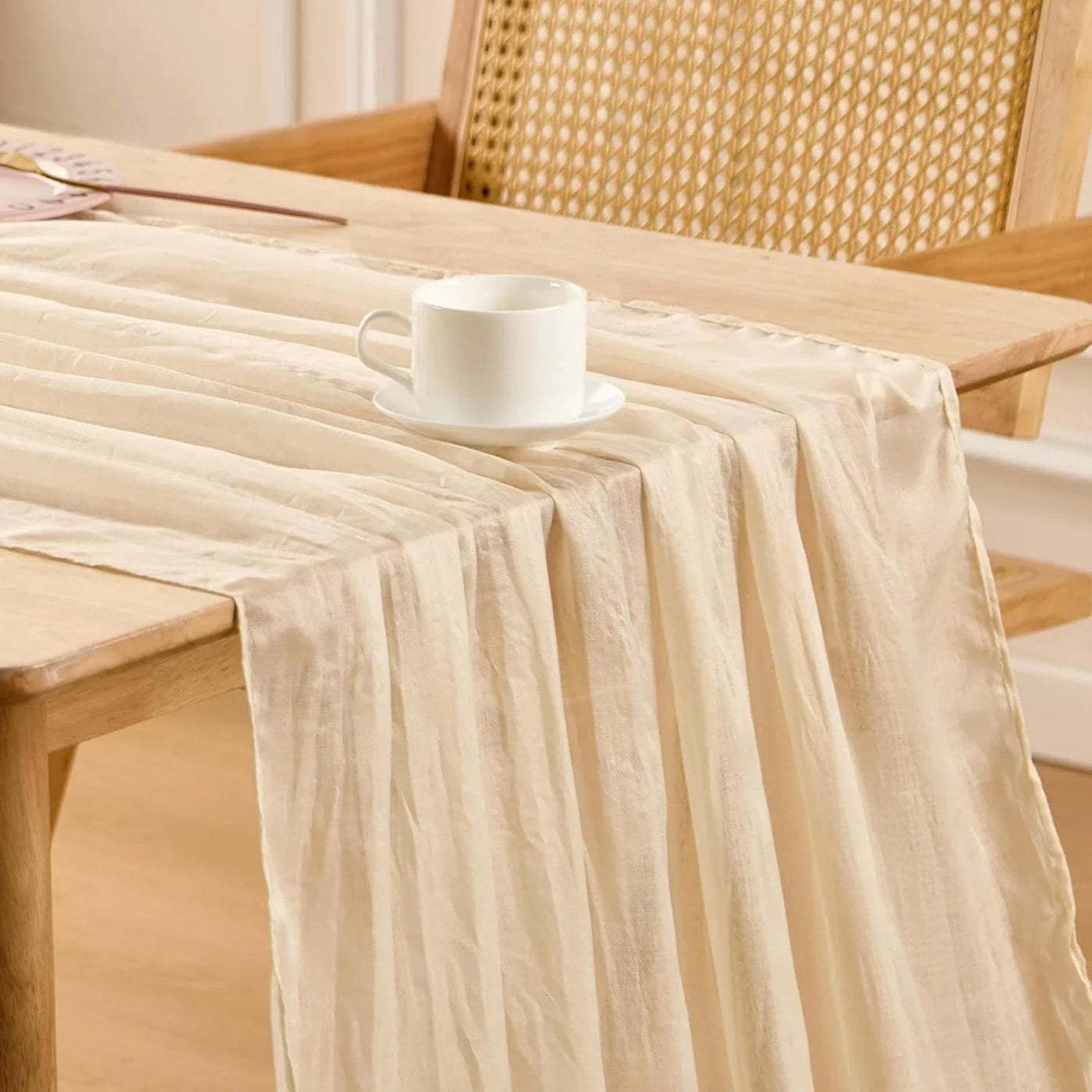 3 Pack Beige Spring Table Runner Boho Cheesecloth Table Runners Bulk 10 Ft Crinkled Gauze Sheer Mother'S Day Table Centerpieces for Wedding Ceremony Anniversary Bridal Baby Shower Banquet
