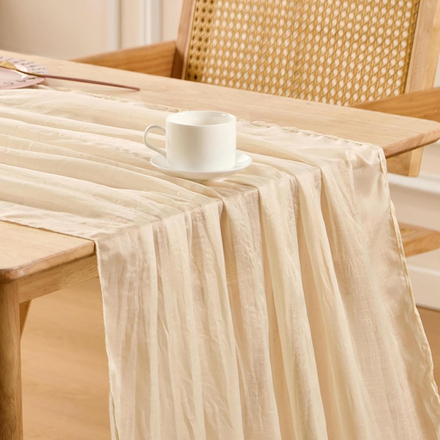 3 Pack Beige Spring Table Runner Boho Cheesecloth Table Runners Bulk 10 Ft Crinkled Gauze Sheer Mother'S Day Table Centerpieces for Wedding Ceremony Anniversary Bridal Baby Shower Banquet