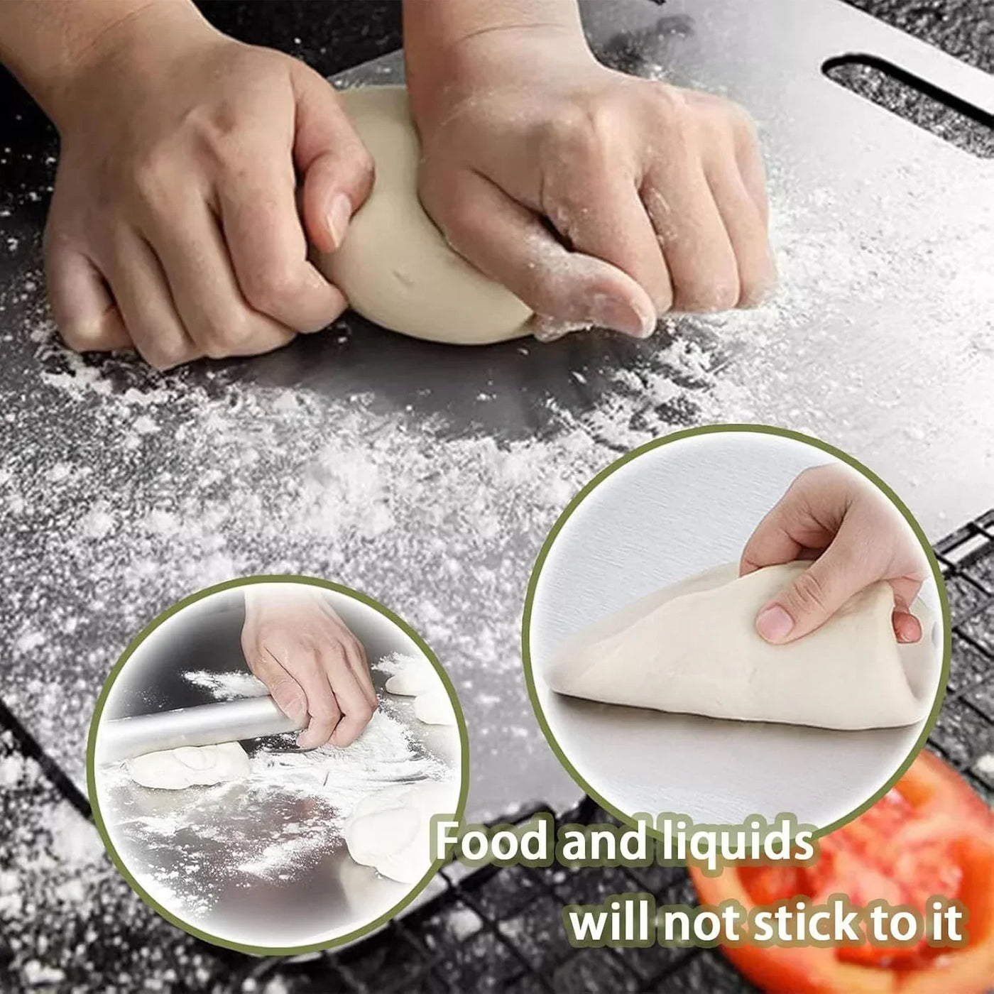 Non-stick dough rolling surface with hands kneading and shaping dough, ideal for baking and cooking tasks.