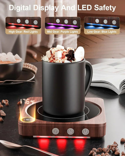 Smart mug warmer with digital temp display and LED safety lights for coffee or hot cocoa