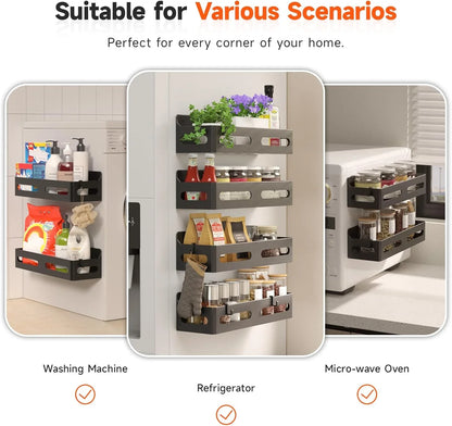 4 Pack Strong Magnetic Spice Rack for Refrigerator, Multipurpose Magnetic Shelf for Fridge with 4 Hooks for Kitchen and Bathroom Organization, Black