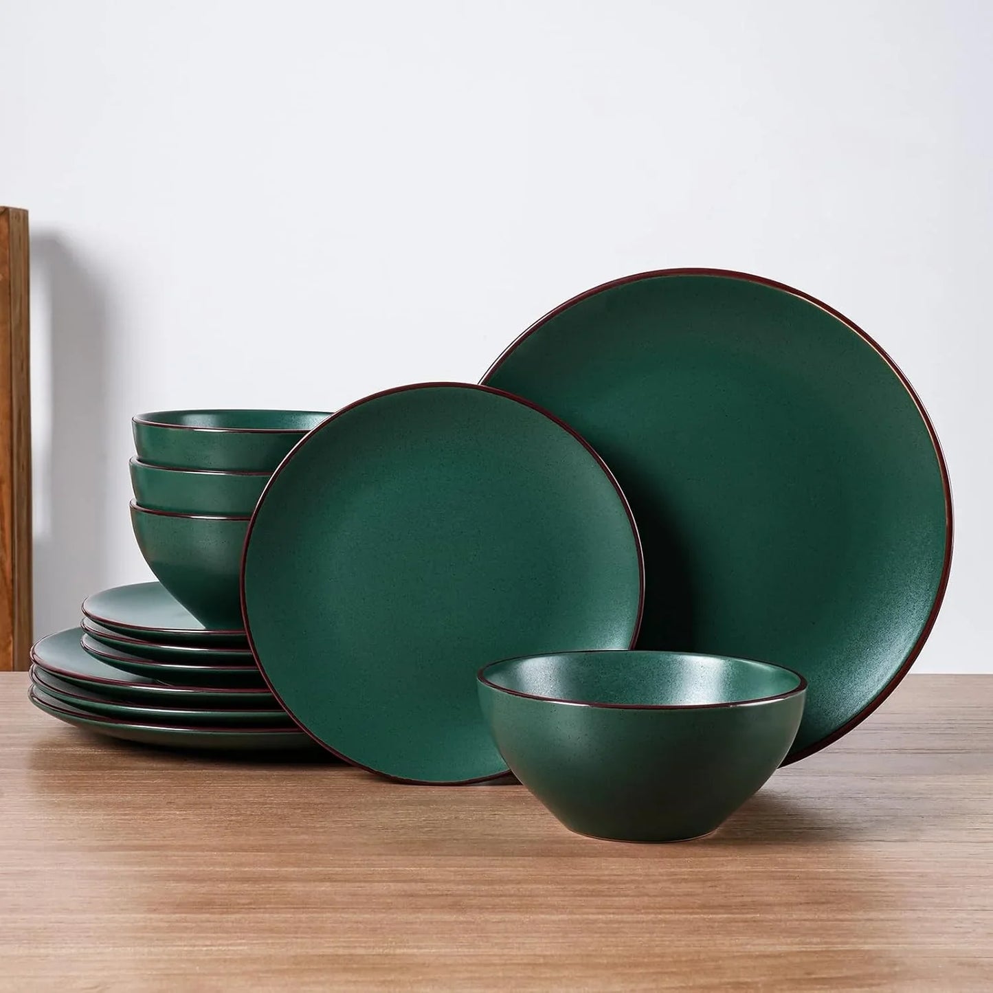 Venus 12-Piece Plates and Bowls Sets with Trim for 4, Stoneware Dinnerware Set, Modern Minimalist Dishes for Everyday & Formal Use, Chip Resistant, Microwave/Dishwasher Safe, Matte Dark Green