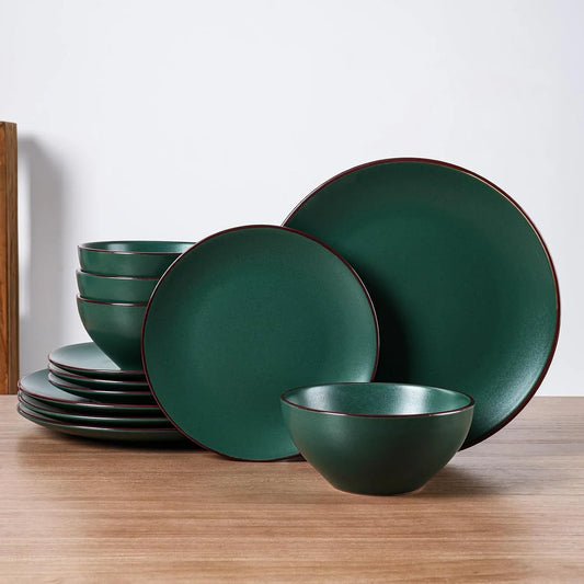 Venus 12-Piece Plates and Bowls Sets with Trim for 4, Stoneware Dinnerware Set, Modern Minimalist Dishes for Everyday & Formal Use, Chip Resistant, Microwave/Dishwasher Safe, Matte Dark Green