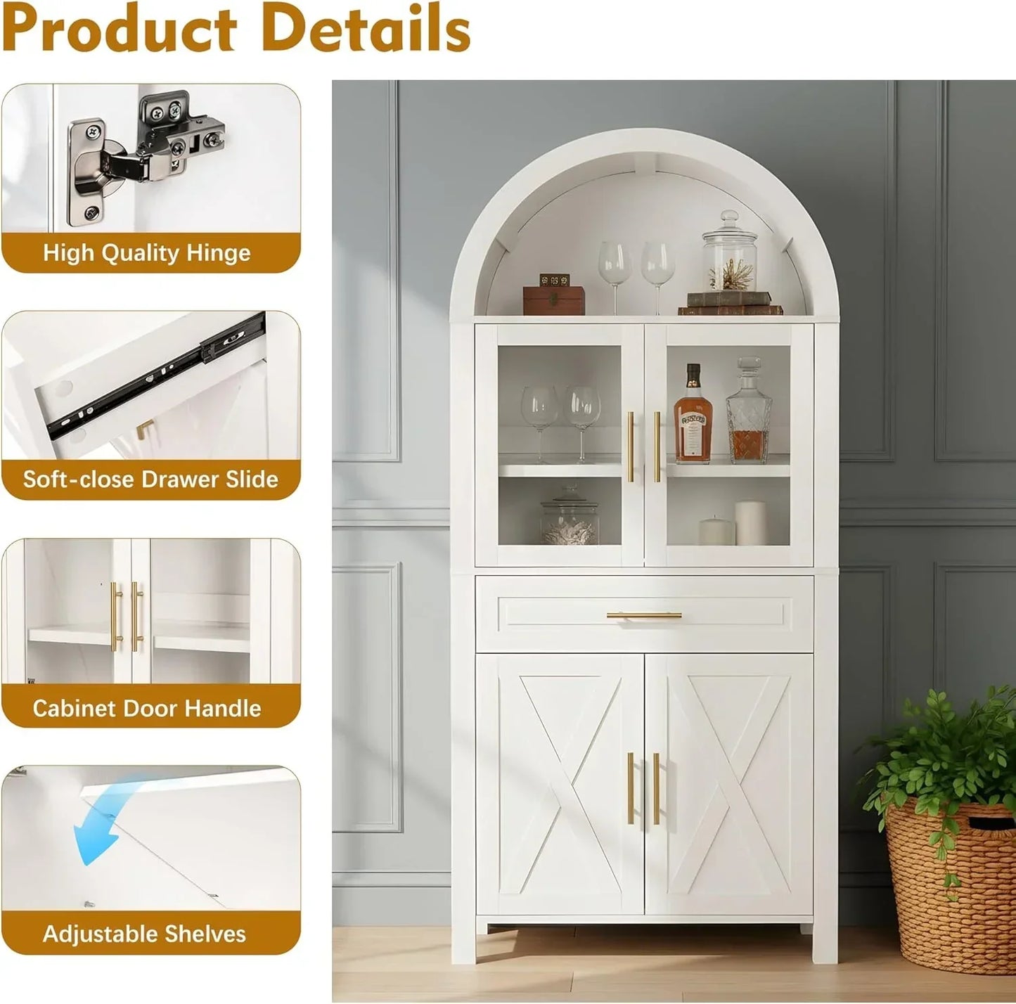 White arched kitchen cabinet with glass doors, gold handles, adjustable shelves, and soft-close drawers for organized storage