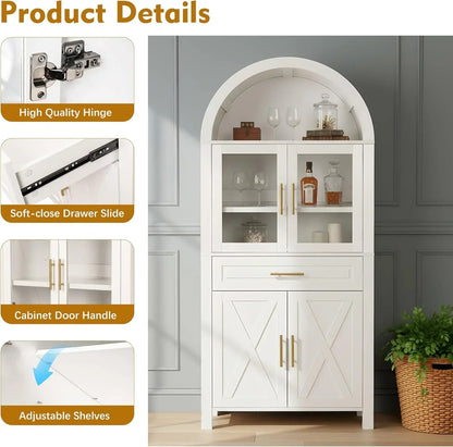 White arched kitchen cabinet with glass doors, gold handles, adjustable shelves, and soft-close drawers for organized storage