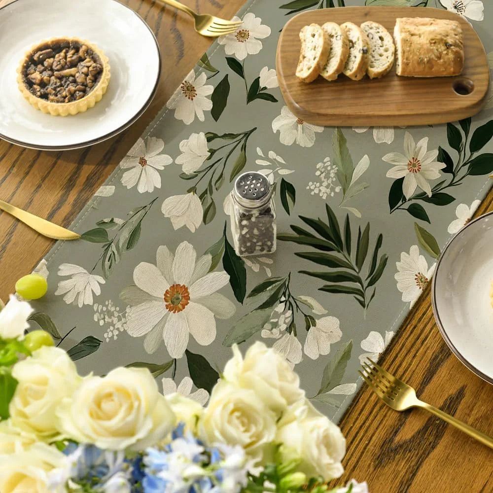 Olive Green Daisy Flowers 210 GSM Spring Table Runner, Seasonal Summer Kitchen Dining Table Decoration for Home Party Decor 13X48 Inch
