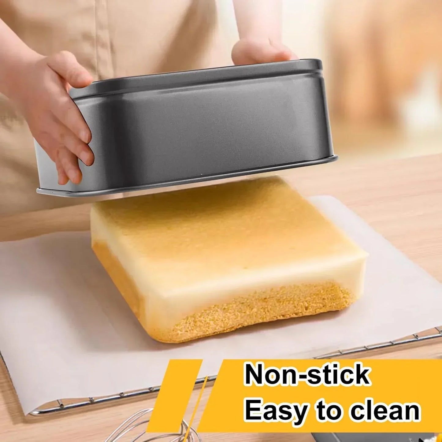 Non-stick baking pan releasing a golden cake, easy to clean for everyday kitchen use