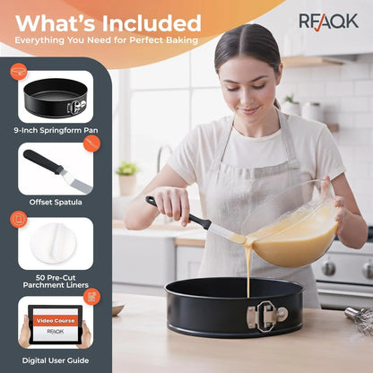 Non-Stick 9 Inch Springform Pan - Spring Form Pan for Cheesecake with Removable Bottom, Bonus Icing Spatula with 10 Pcs Parchment Paper & Recipe E-Book - Ideal for Baking Cakes, Pizzas, & More!